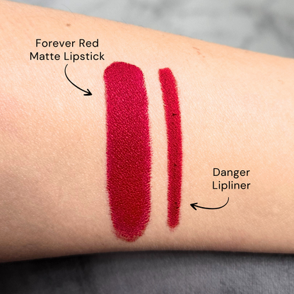 Two makeup swatches on skin, labeled 'Forever Red Matte Lipstick' and 'Danger Lipliner', showing a deep matte red shade.